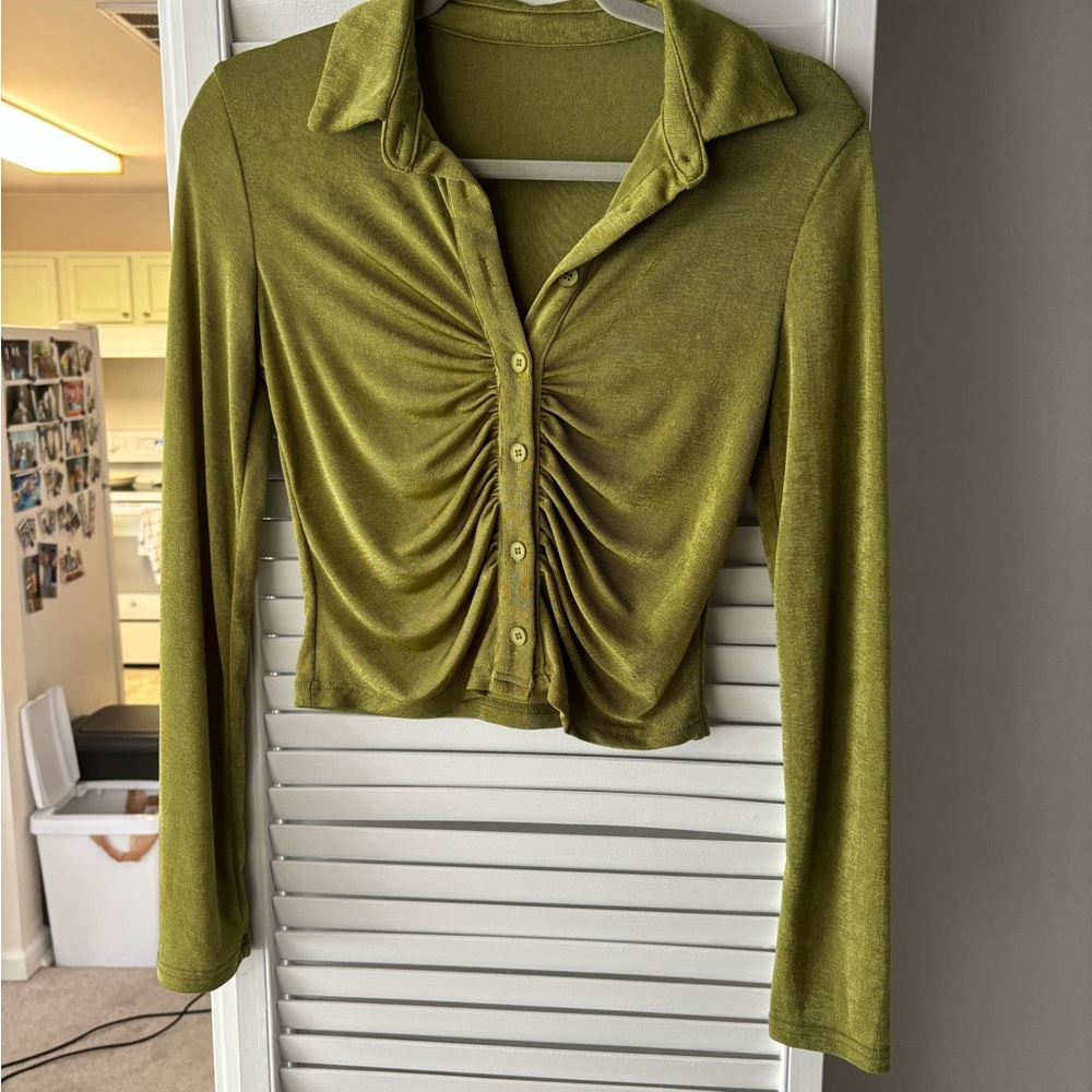 Olive Green Ruched Button-Up Women's Top